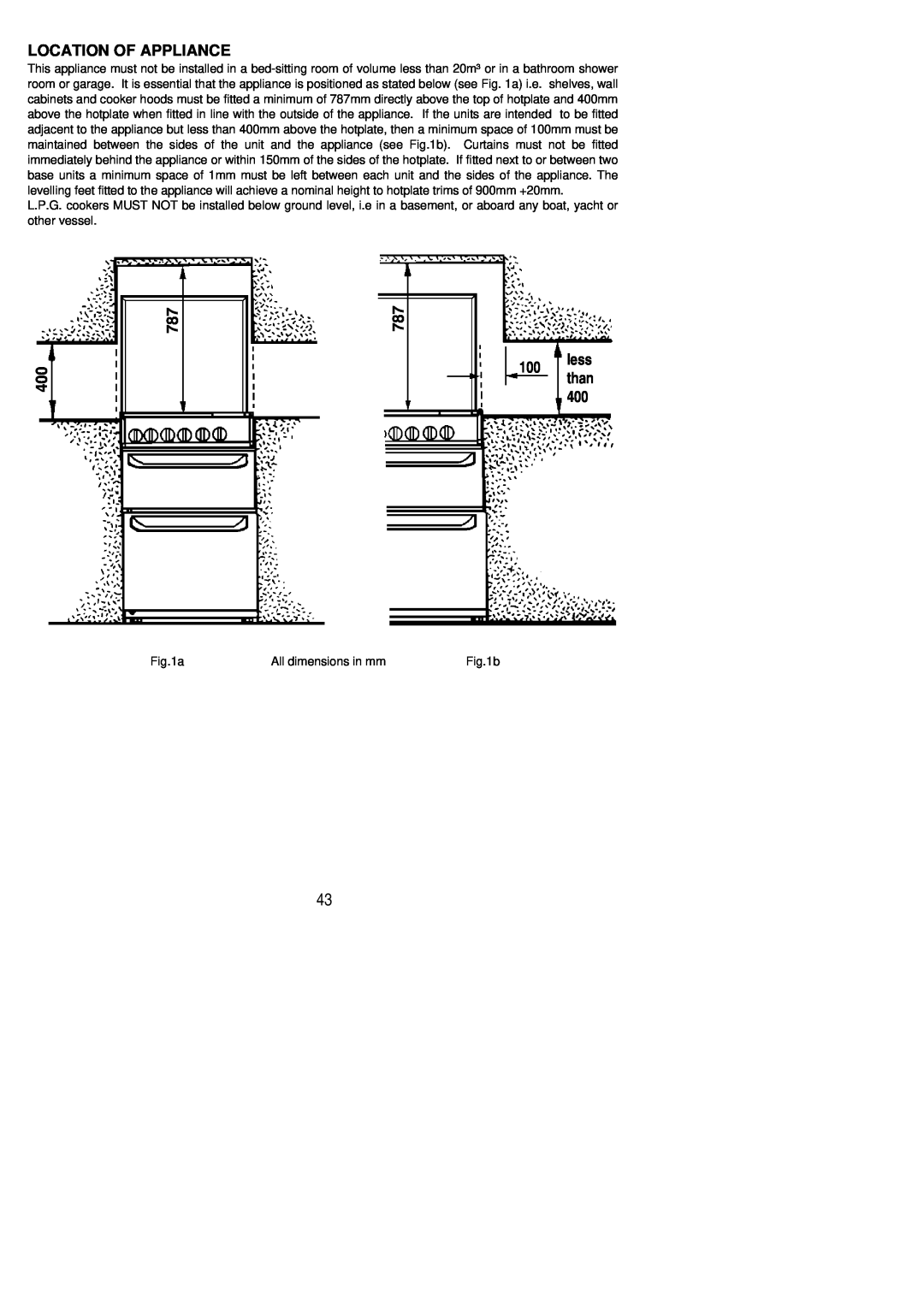 Parkinson Cowan SIG 554 installation instructions Location Of Appliance, less than 400, All dimensions in mm, b 