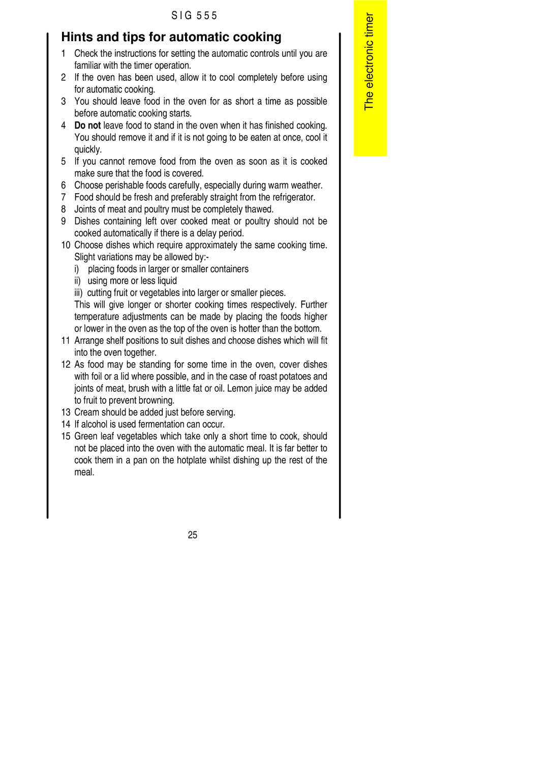 Parkinson Cowan SIG 555 installation instructions Hints and tips for automatic cooking 