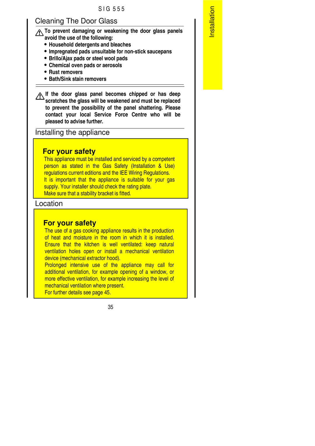 Parkinson Cowan SIG 555 Cleaning The Door Glass, Installing the appliance, Location, For further details see 