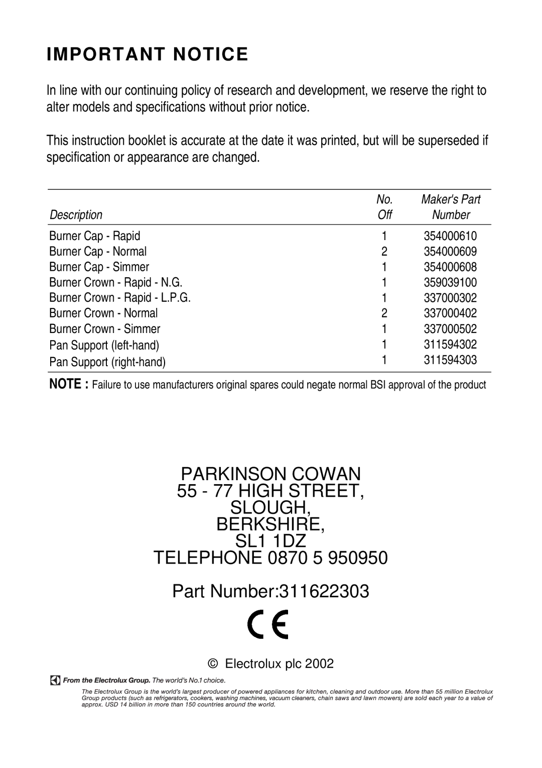 Parkinson Cowan SIG 555 installation instructions 55 77 High Street, Telephone 0870 5 Part Number311622303 