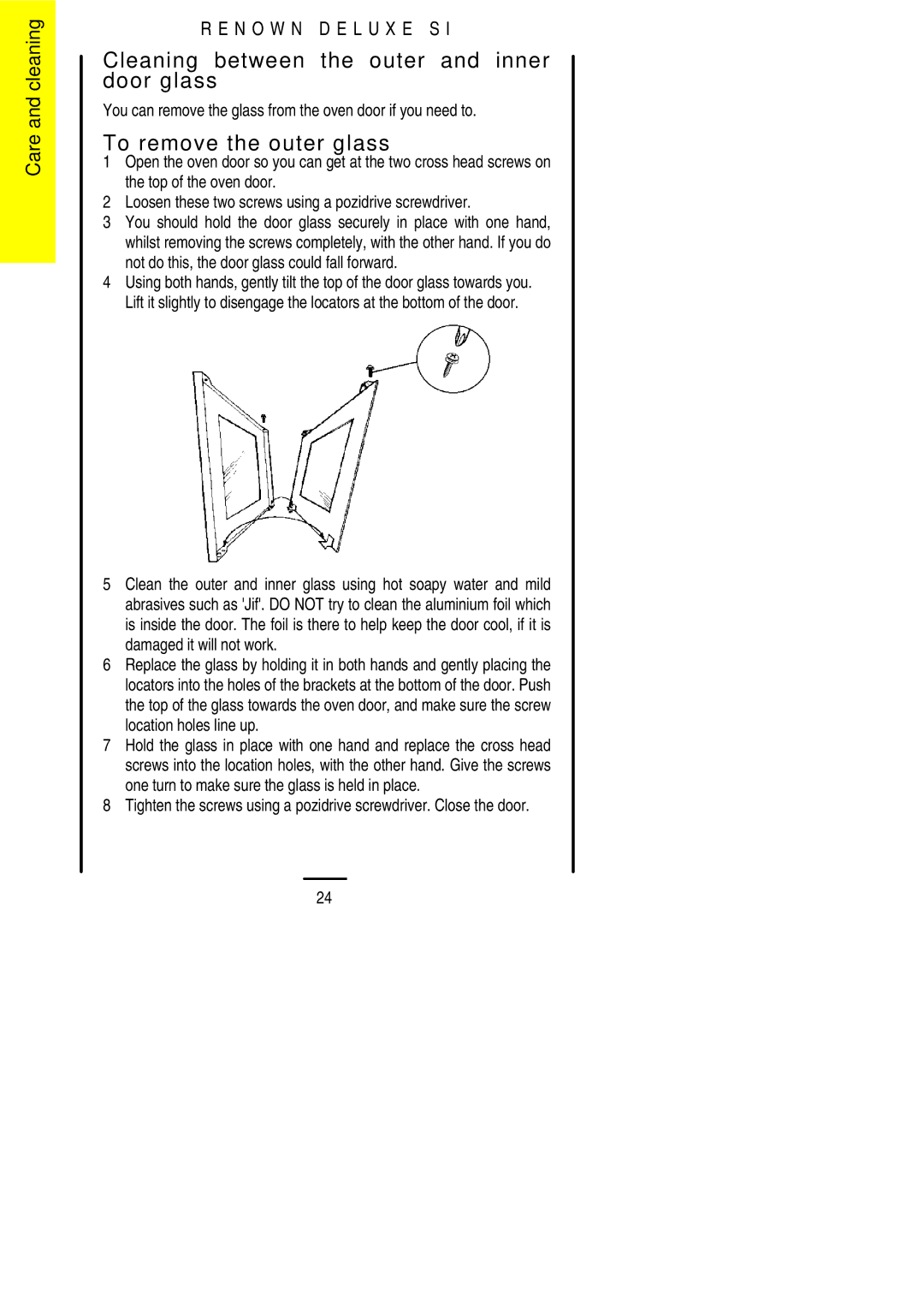 Parkinson Cowan SLIPIN installation instructions Cleaning between the outer and inner door glass, To remove the outer glass 