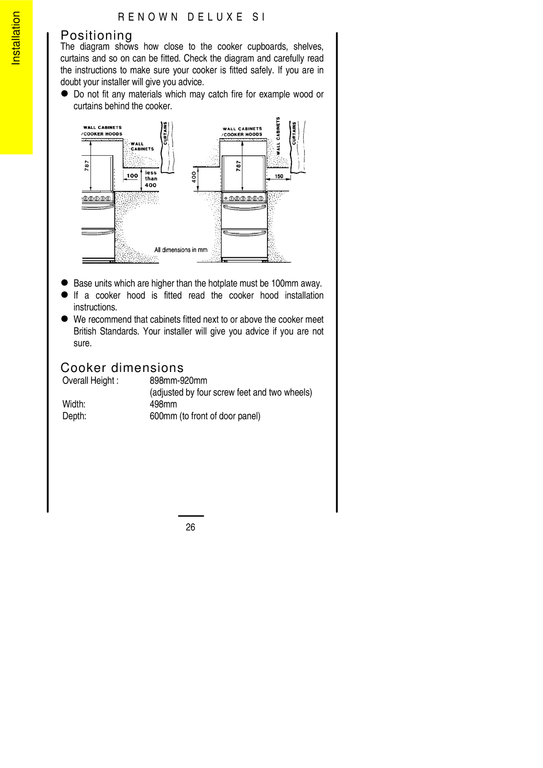 Parkinson Cowan SLIPIN installation instructions Positioning, Cooker dimensions, Overall Height 898mm-920mm 