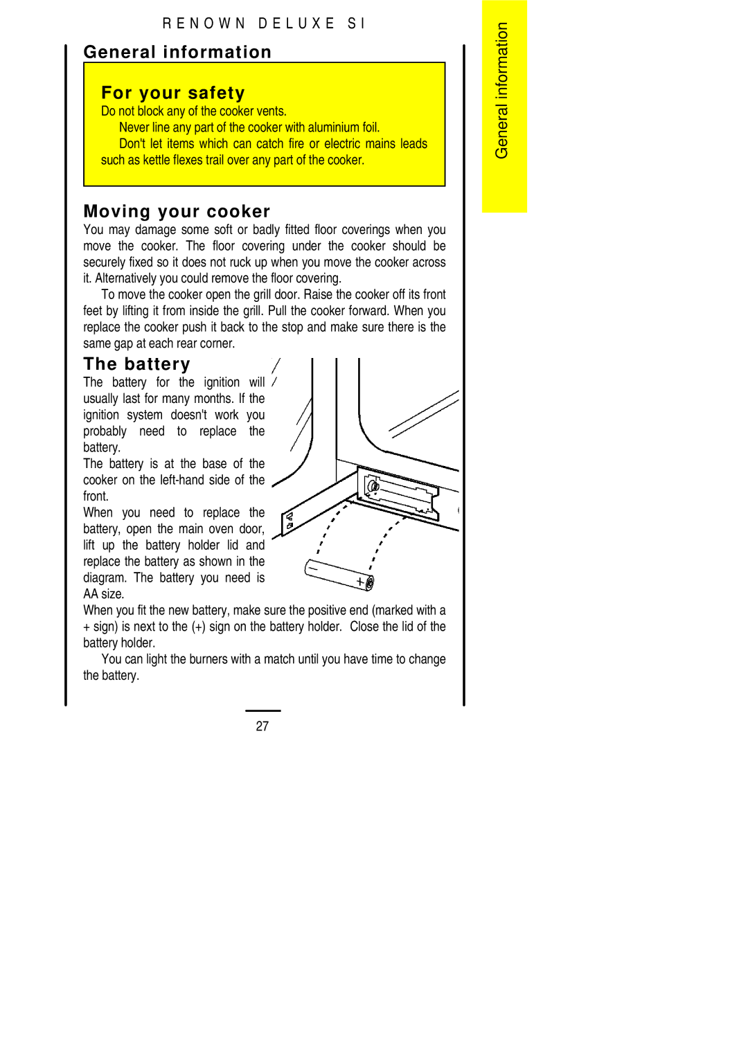 Parkinson Cowan SLIPIN installation instructions General information For your safety, Moving your cooker, Battery 