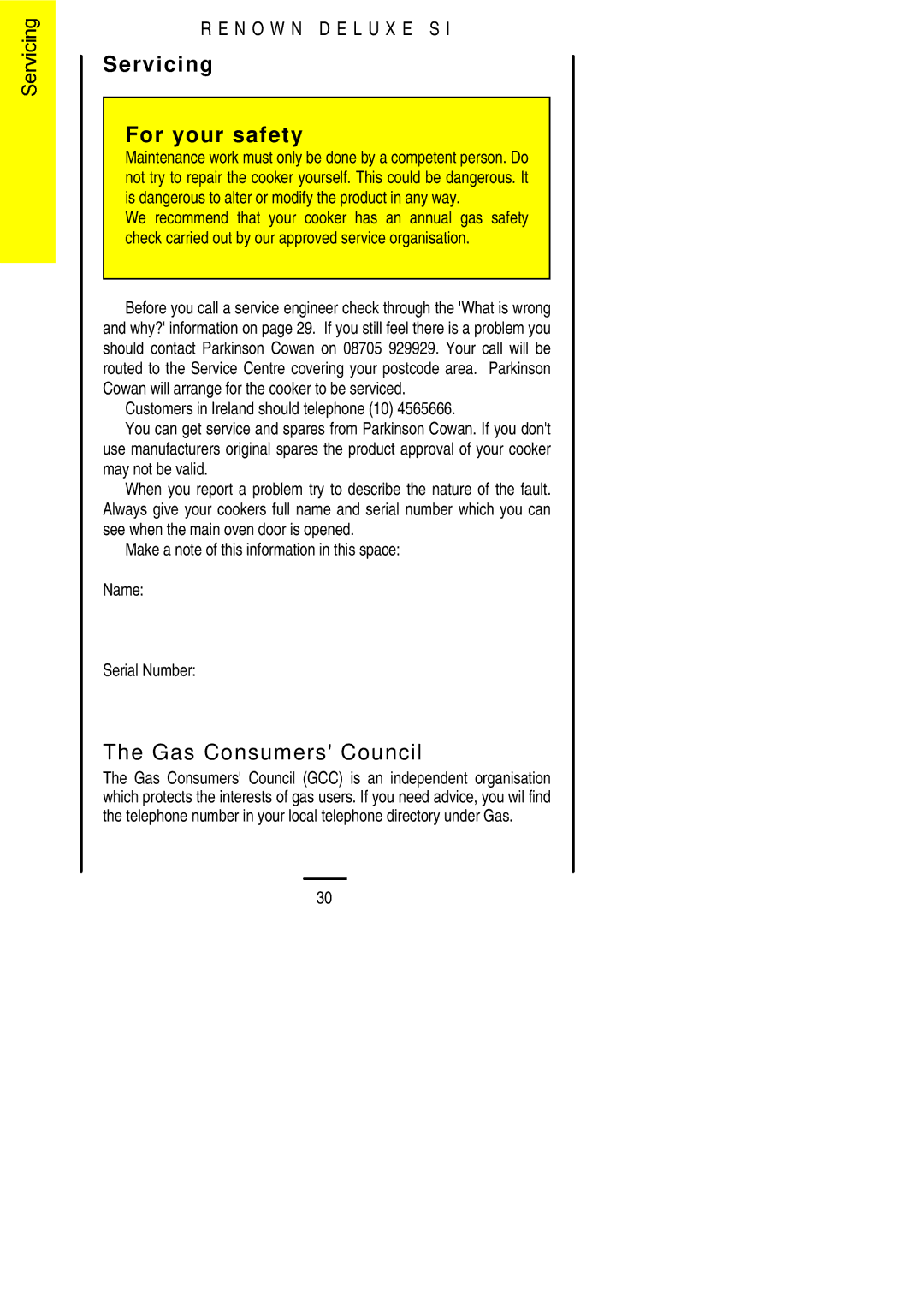 Parkinson Cowan SLIPIN installation instructions Servicing For your safety, Gas Consumers Council 