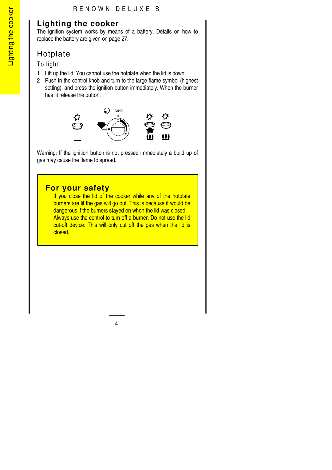 Parkinson Cowan SLIPIN installation instructions Lighting the cooker, Hotplate 