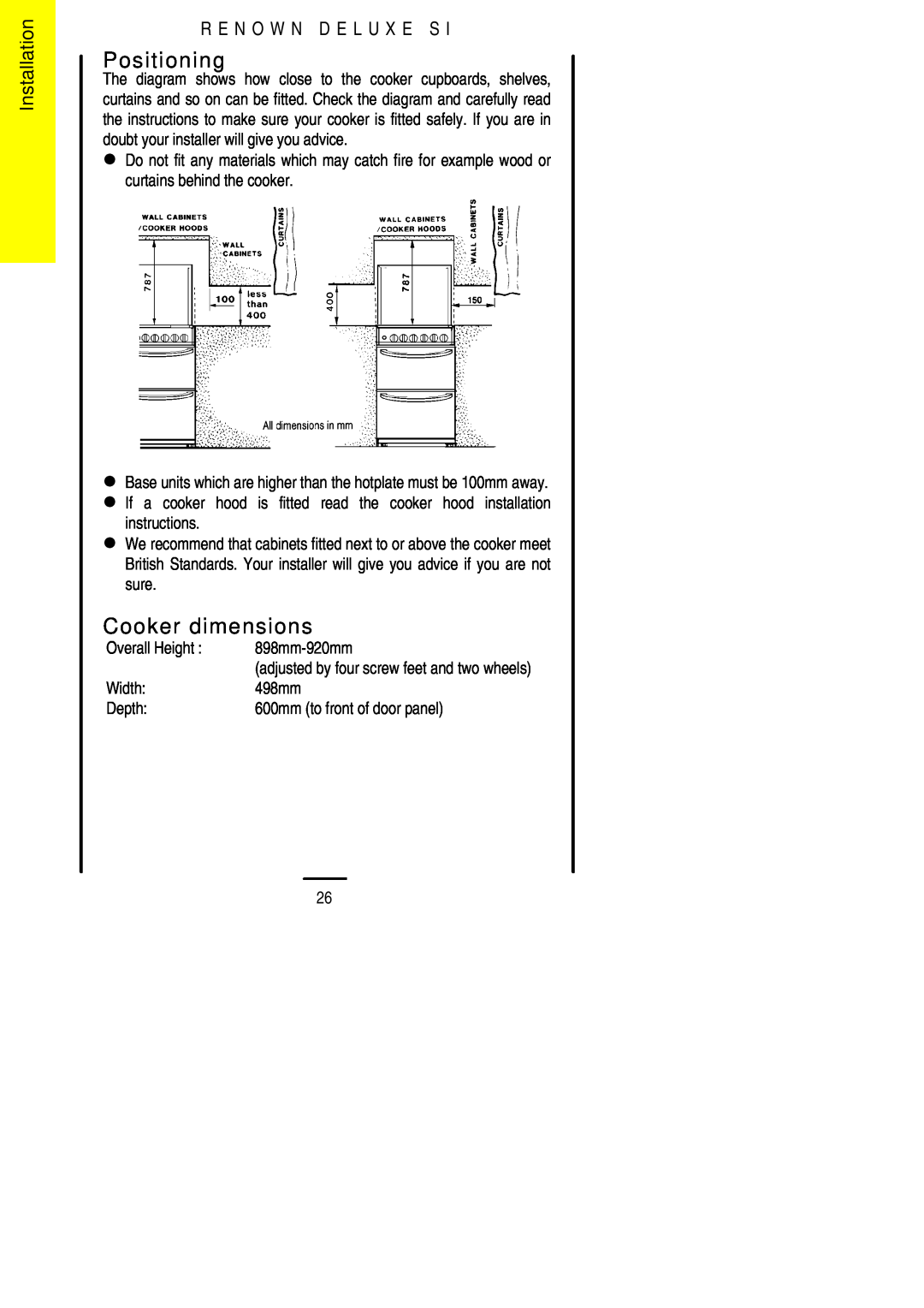 Parkinson Cowan SLIPIN installation instructions Positioning, Cooker dimensions, Installation 