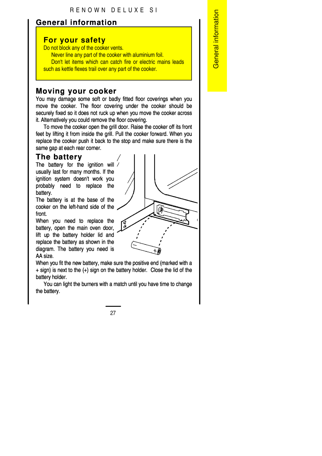 Parkinson Cowan SLIPIN installation instructions General information For your safety, Moving your cooker, The battery 