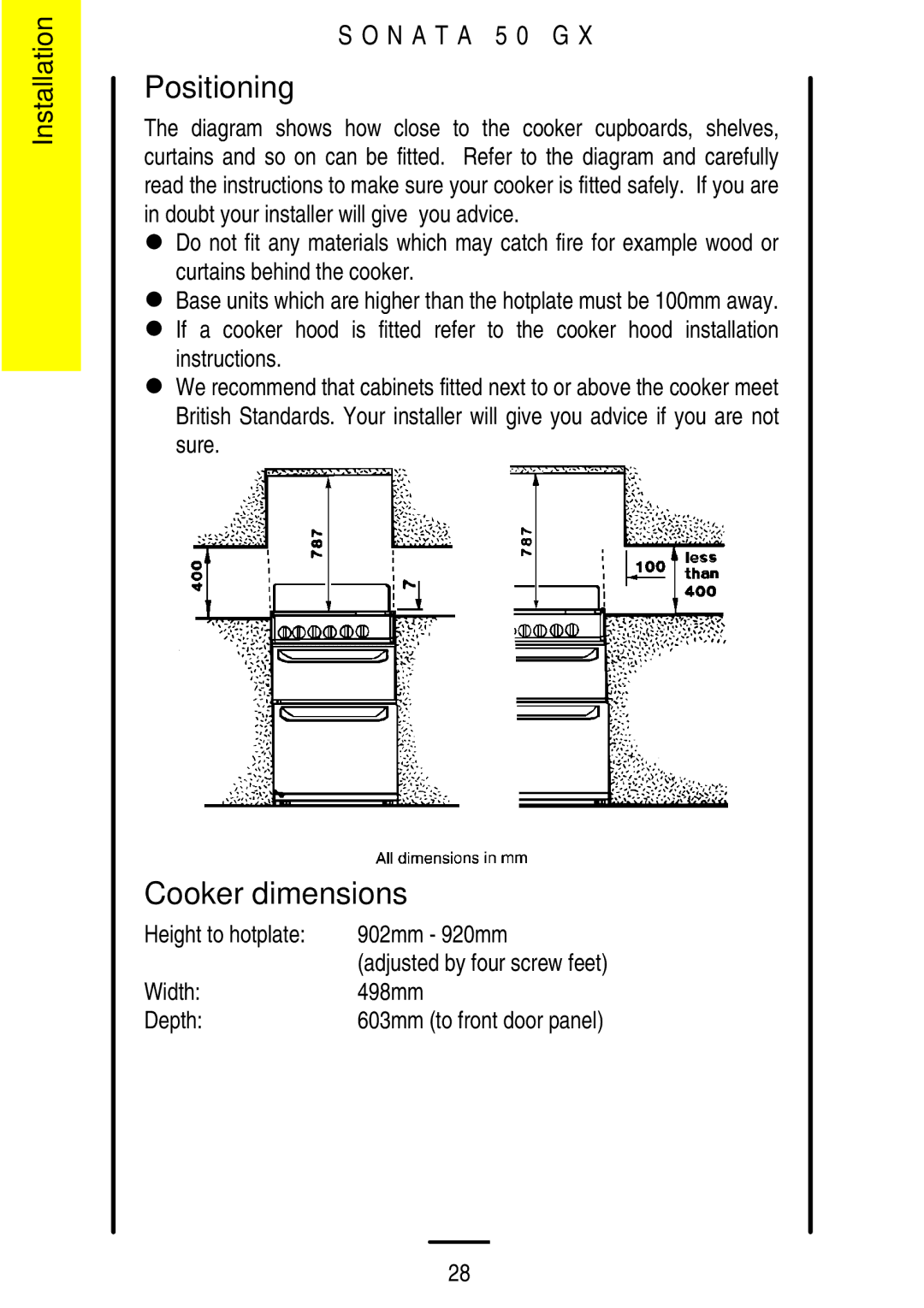 Parkinson Cowan SONATA 50GX Positioning, Cooker dimensions, Height to hotplate 902mm 920mm, Width 498mm Depth 