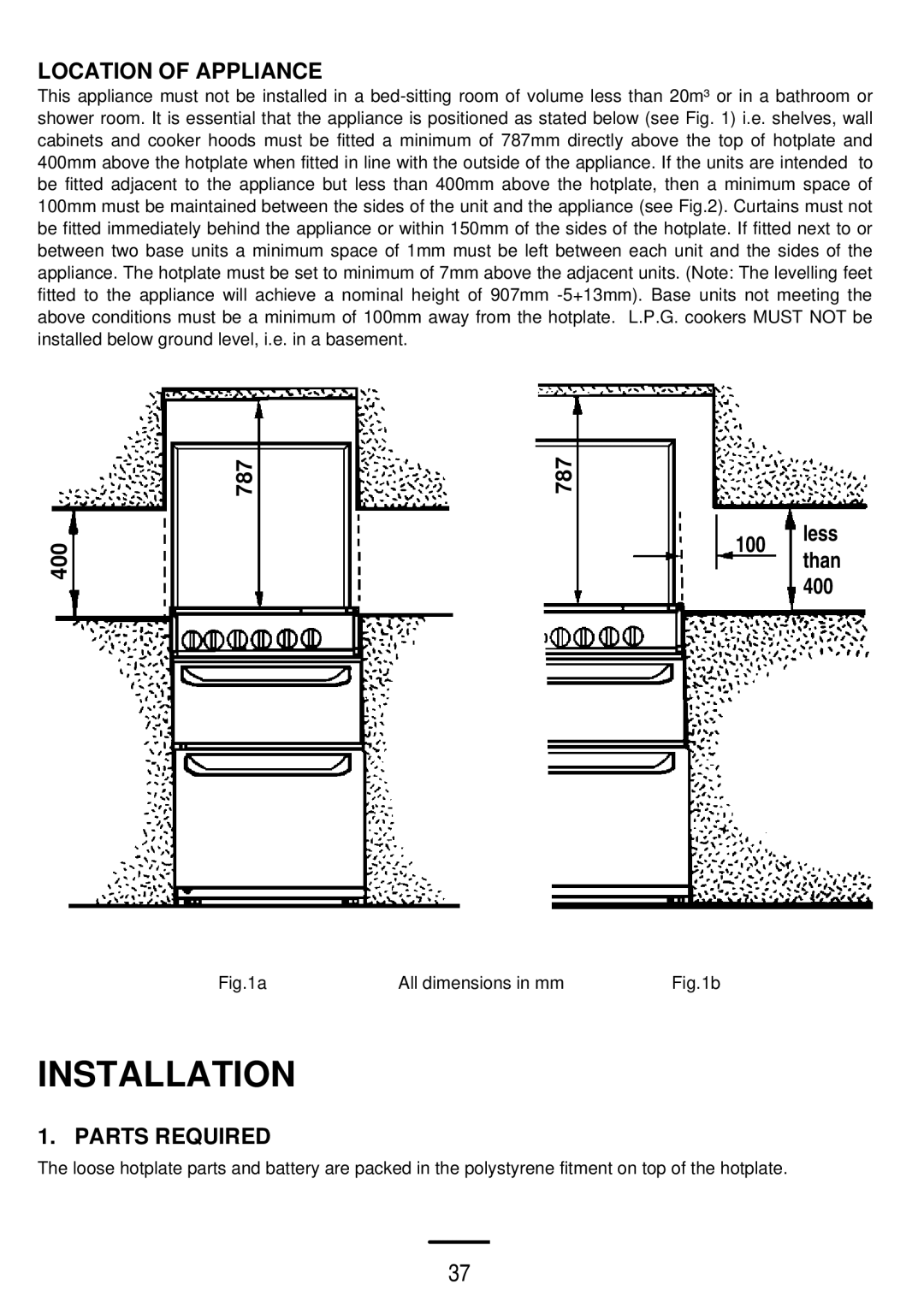 Parkinson Cowan SONATA 50GX installation instructions Location of Appliance, Parts Required 