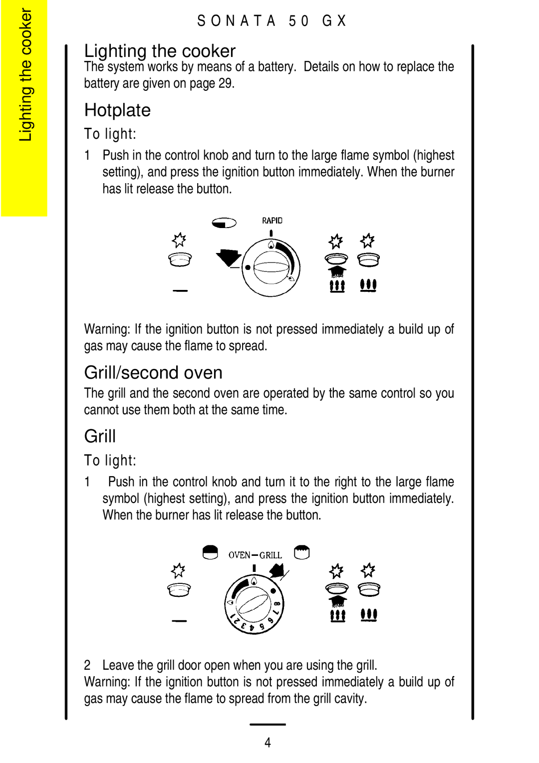 Parkinson Cowan SONATA 50GX installation instructions Lighting the cooker, Hotplate, Grill/second oven 