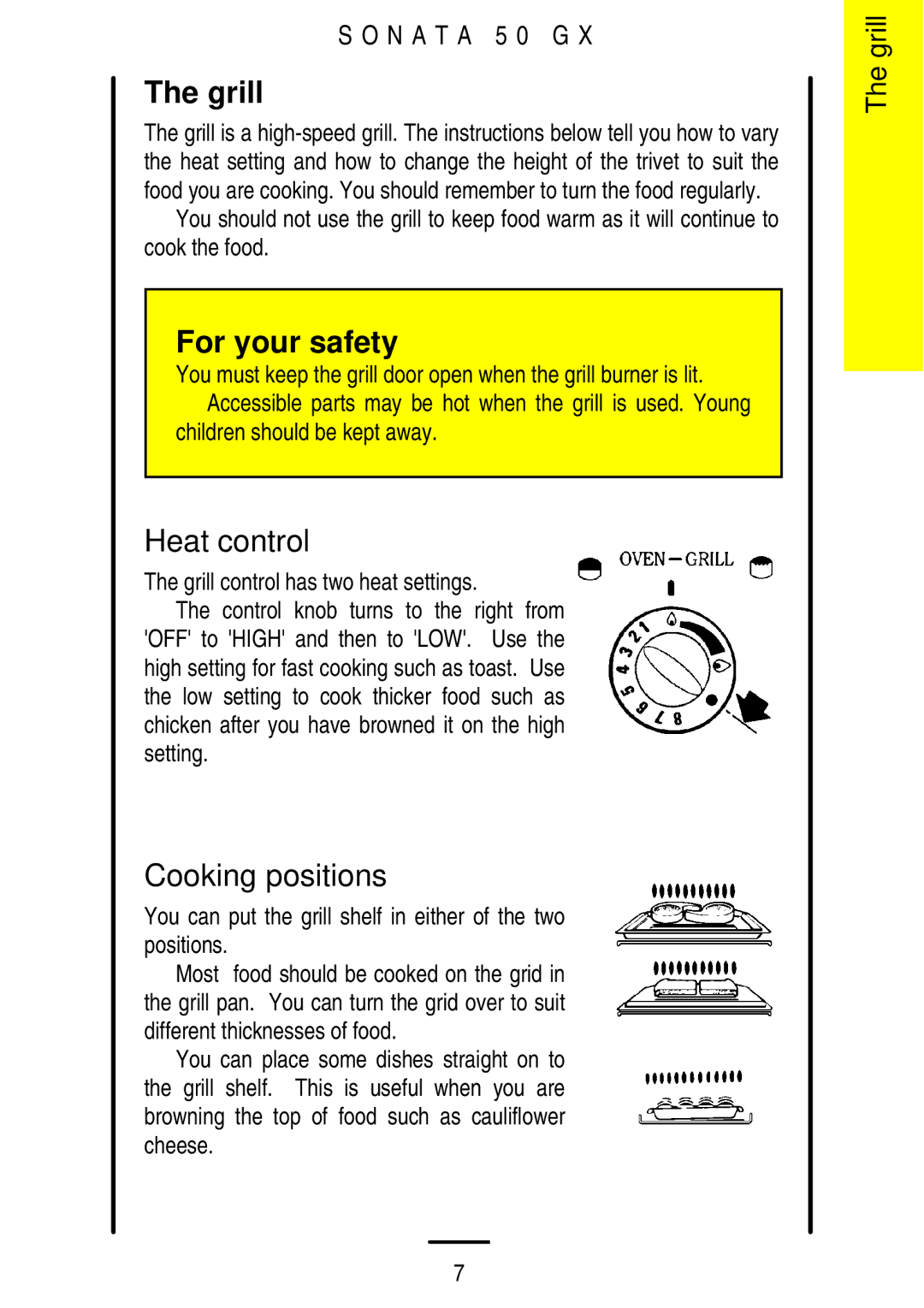 Parkinson Cowan SONATA 50GX installation instructions Grill, Heat control, Cooking positions, Children should be kept away 