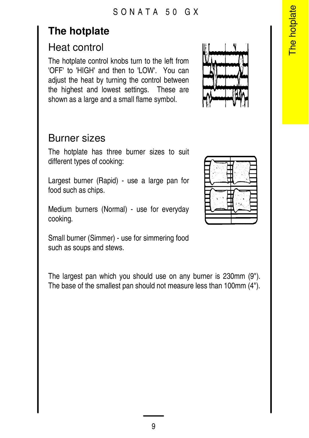 Parkinson Cowan SONATA 50GX installation instructions Hotplate, Burner sizes 