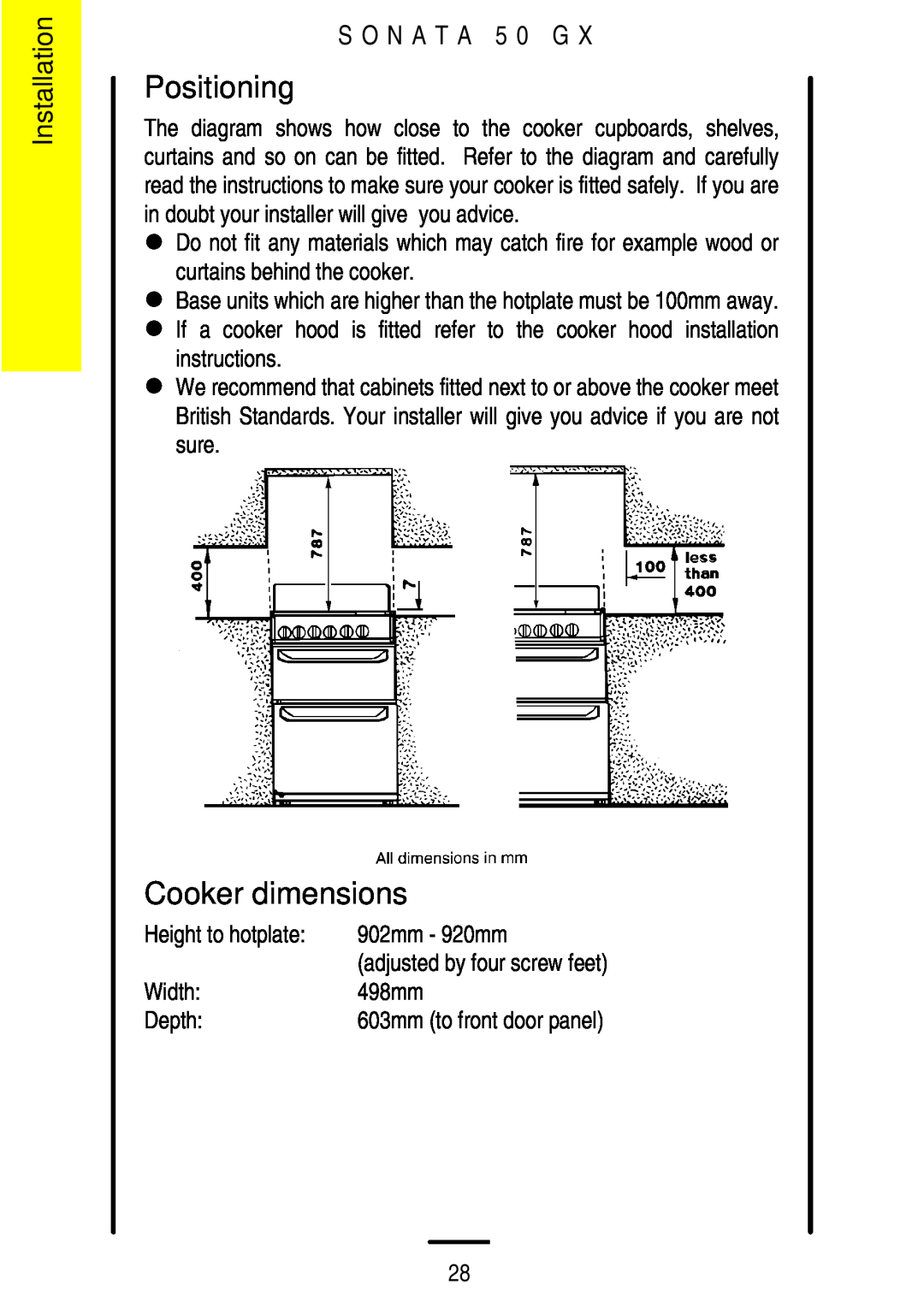 Parkinson Cowan SONATA 50GX installation instructions Positioning, Cooker dimensions, Installation 