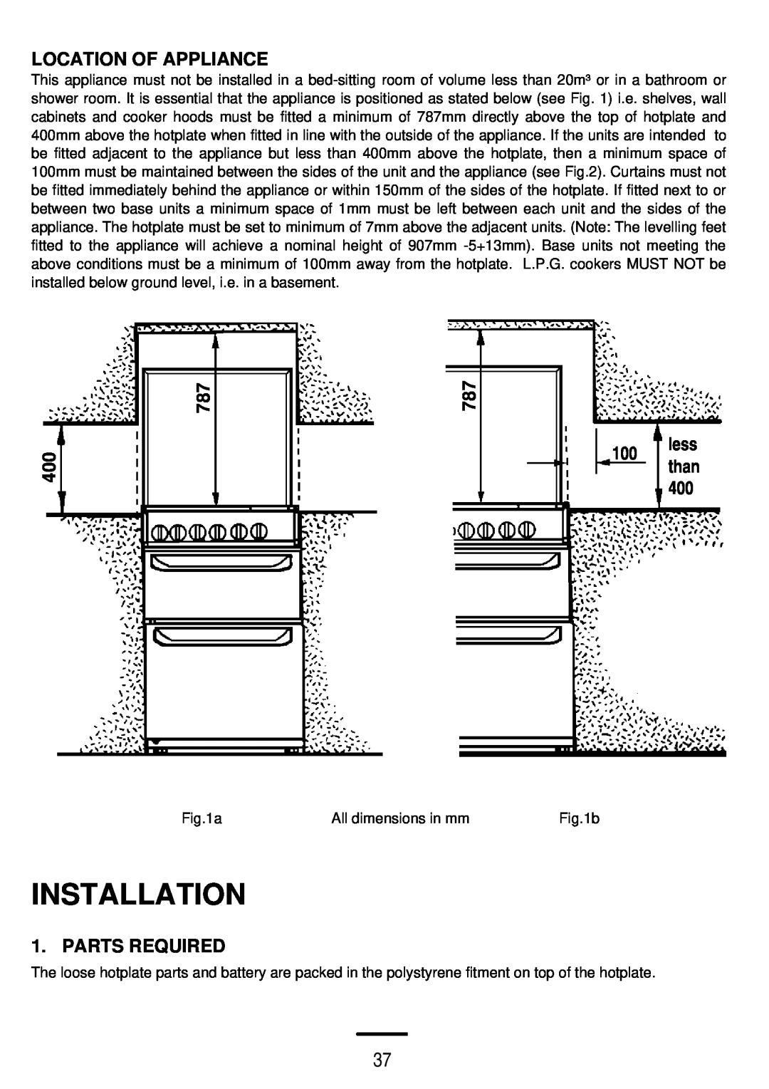 Parkinson Cowan SONATA 50GX installation instructions Installation, Location Of Appliance, less than, Parts Required 