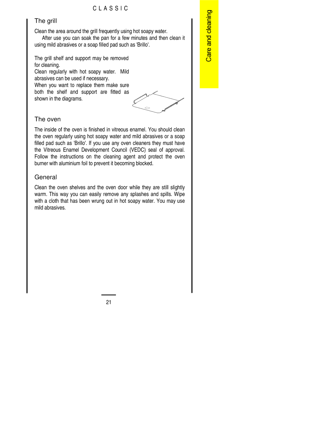 Parkinson Cowan U02021 installation instructions Oven, General, Grill shelf and support may be removed for cleaning 