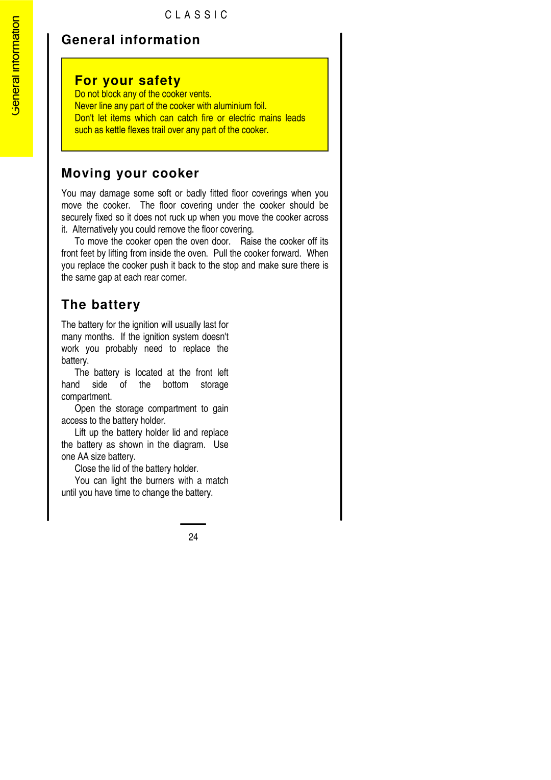 Parkinson Cowan U02021 installation instructions General information For your safety, Moving your cooker, Battery 