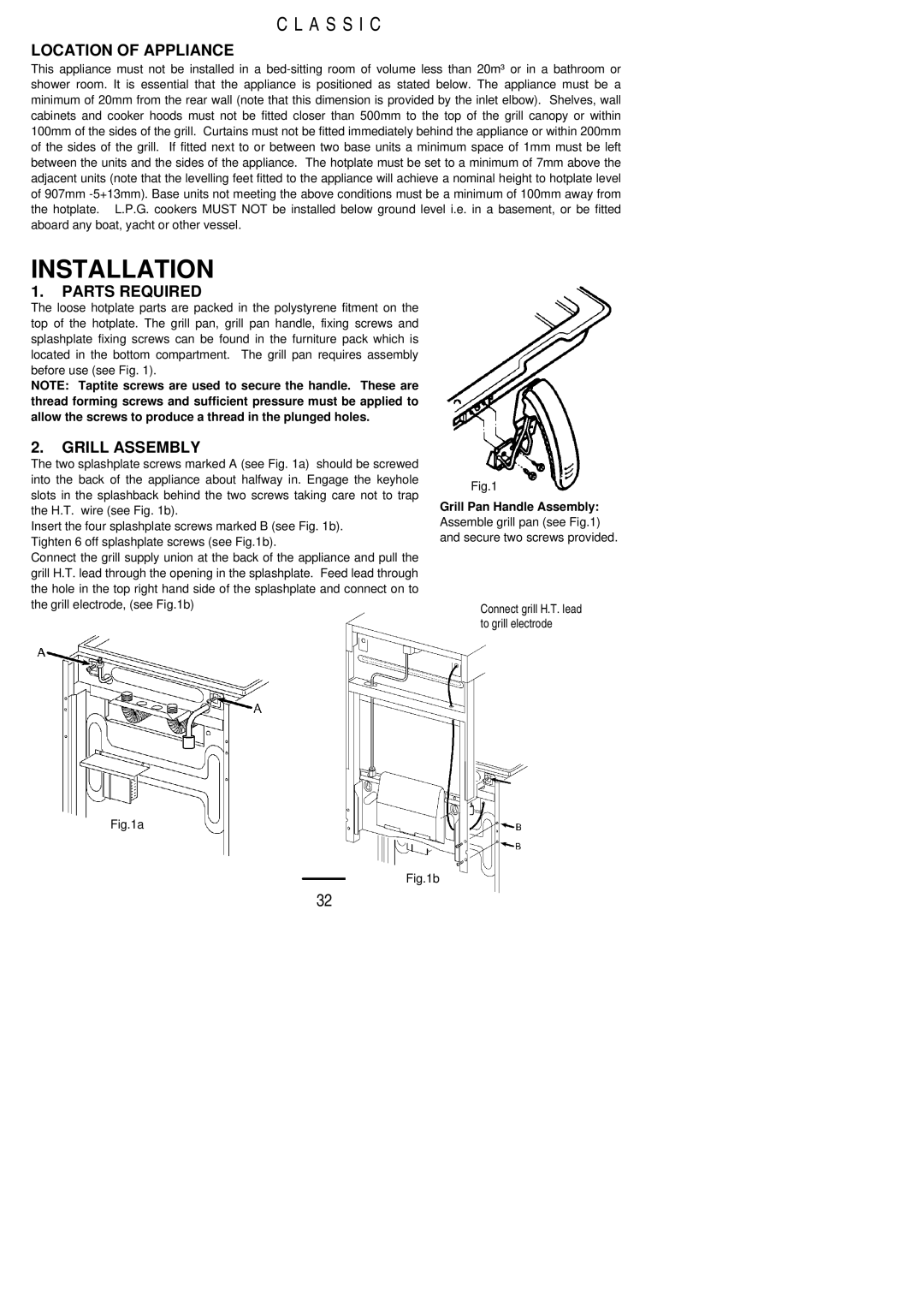 Parkinson Cowan U02021 installation instructions Location of Appliance, Parts Required, Grill Assembly 