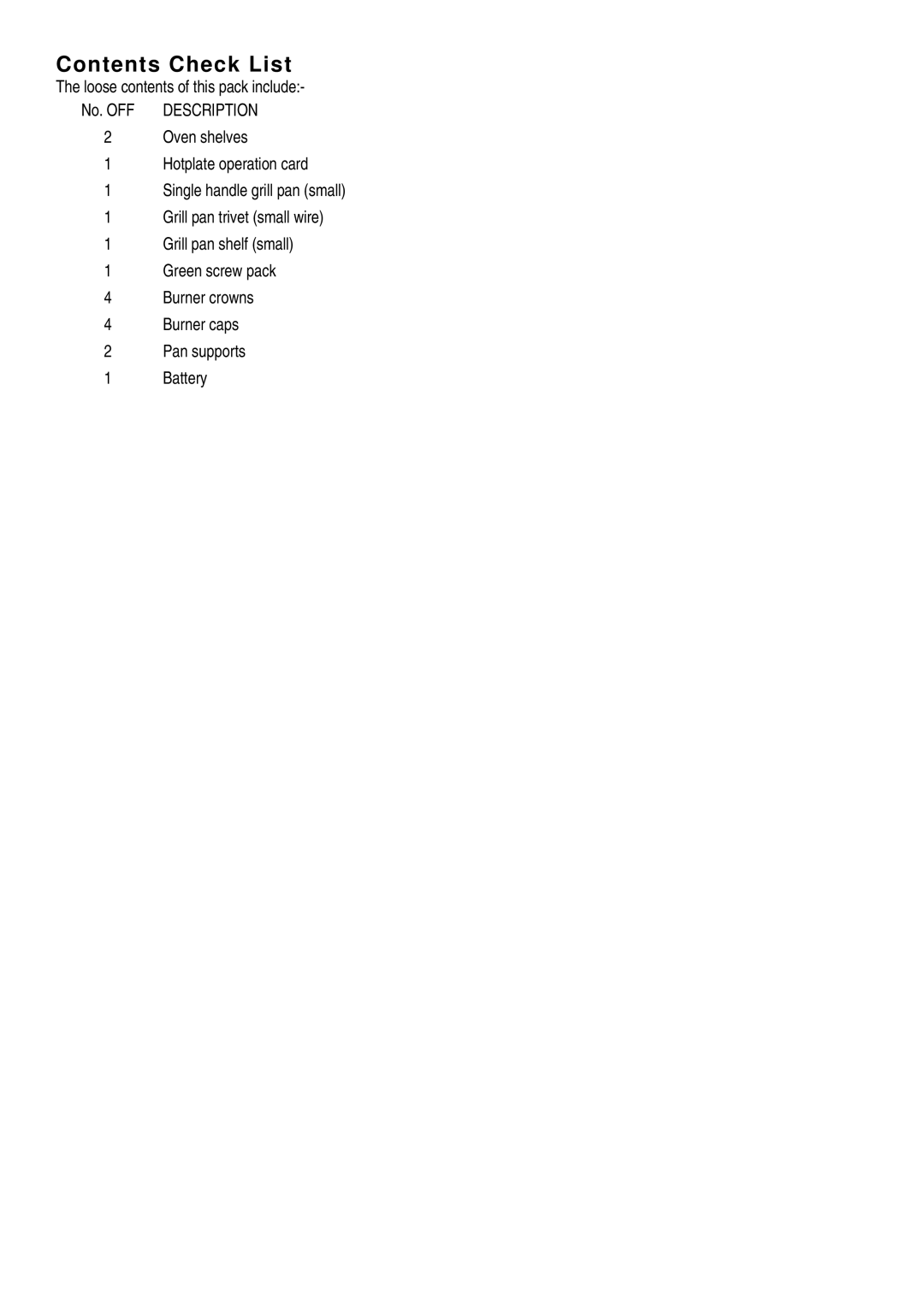 Parkinson Cowan U02021 installation instructions Contents Check List 