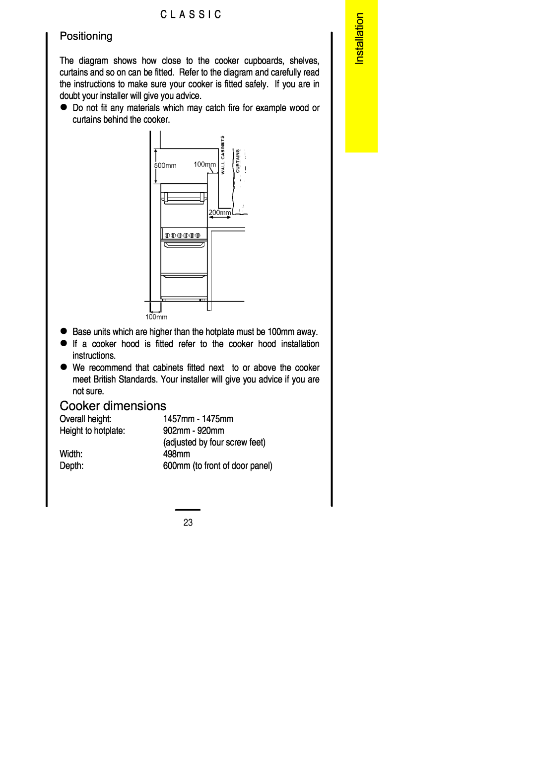 Parkinson Cowan U02021 installation instructions Cooker dimensions, C L A S S I C Positioning 