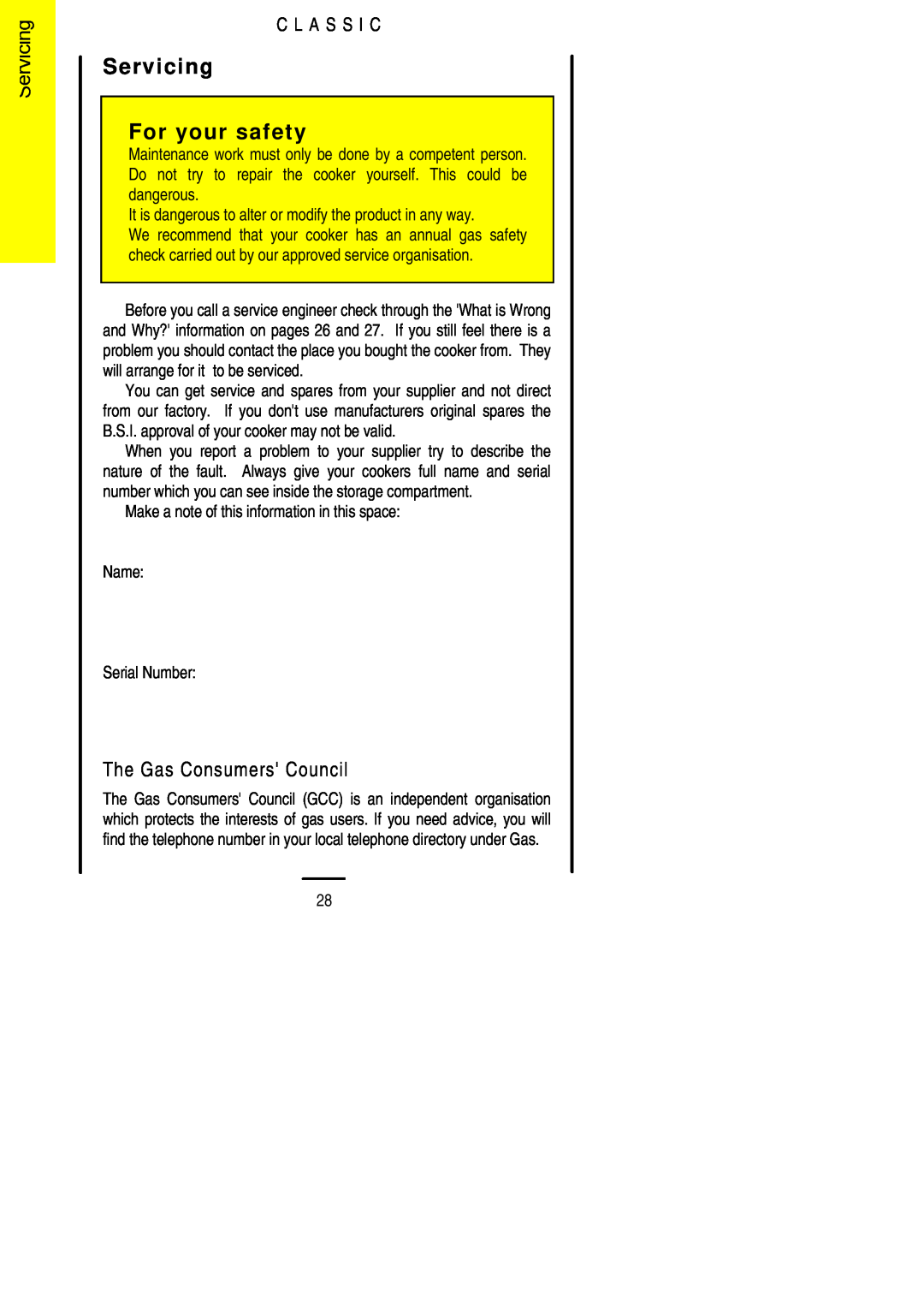 Parkinson Cowan U02021 installation instructions Servicing For your safety, The Gas Consumers Council, C L A S S I C 