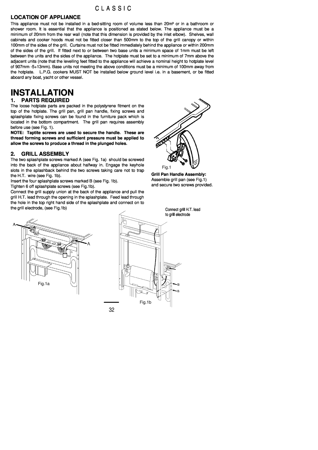 Parkinson Cowan U02021 Installation, C L A S S I C, Location Of Appliance, Parts Required, Grill Assembly 