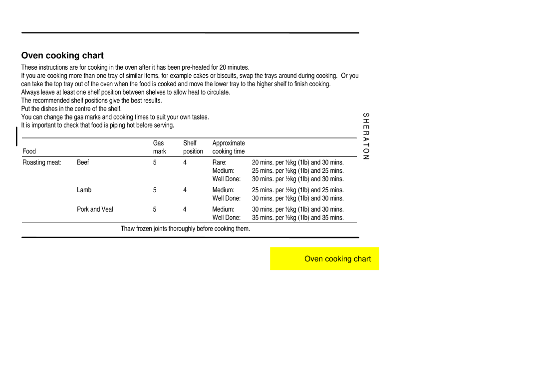 Parkinson Cowan U02059 installation instructions Oven cooking chart, Put the dishes in the centre of the shelf 