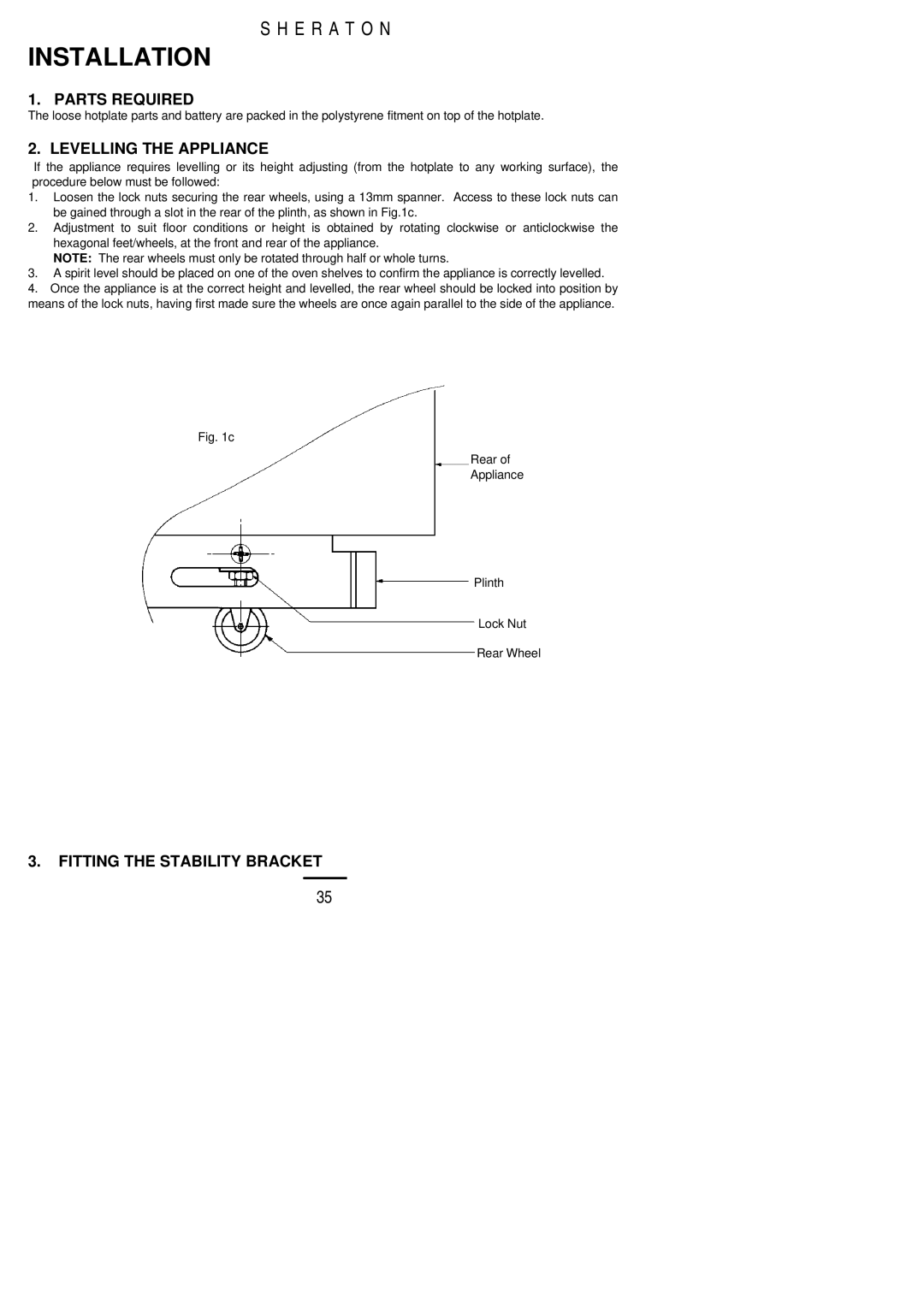 Parkinson Cowan U02059 installation instructions Parts Required, Levelling the Appliance, Fitting the Stability Bracket 