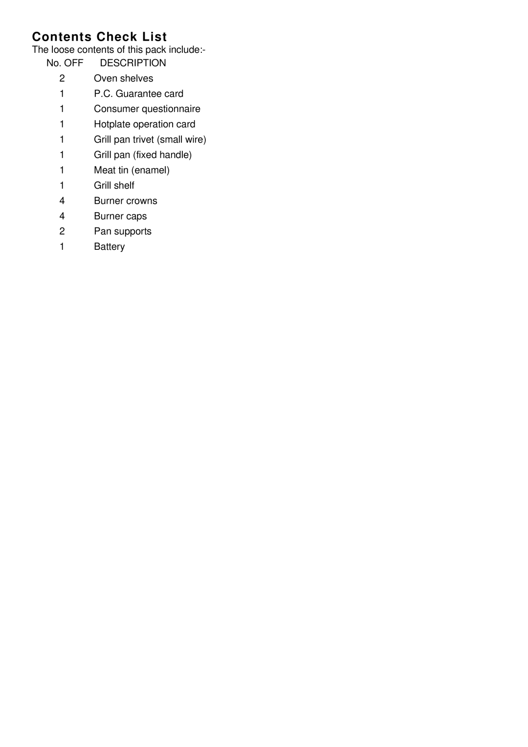 Parkinson Cowan U02059 installation instructions Contents Check List 