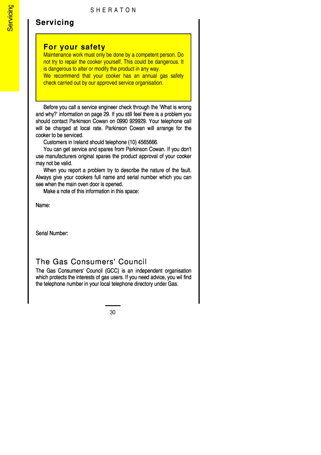 Parkinson Cowan U02059 installation instructions Servicing For your safety, The Gas Consumers Council, S H E R A T O N 