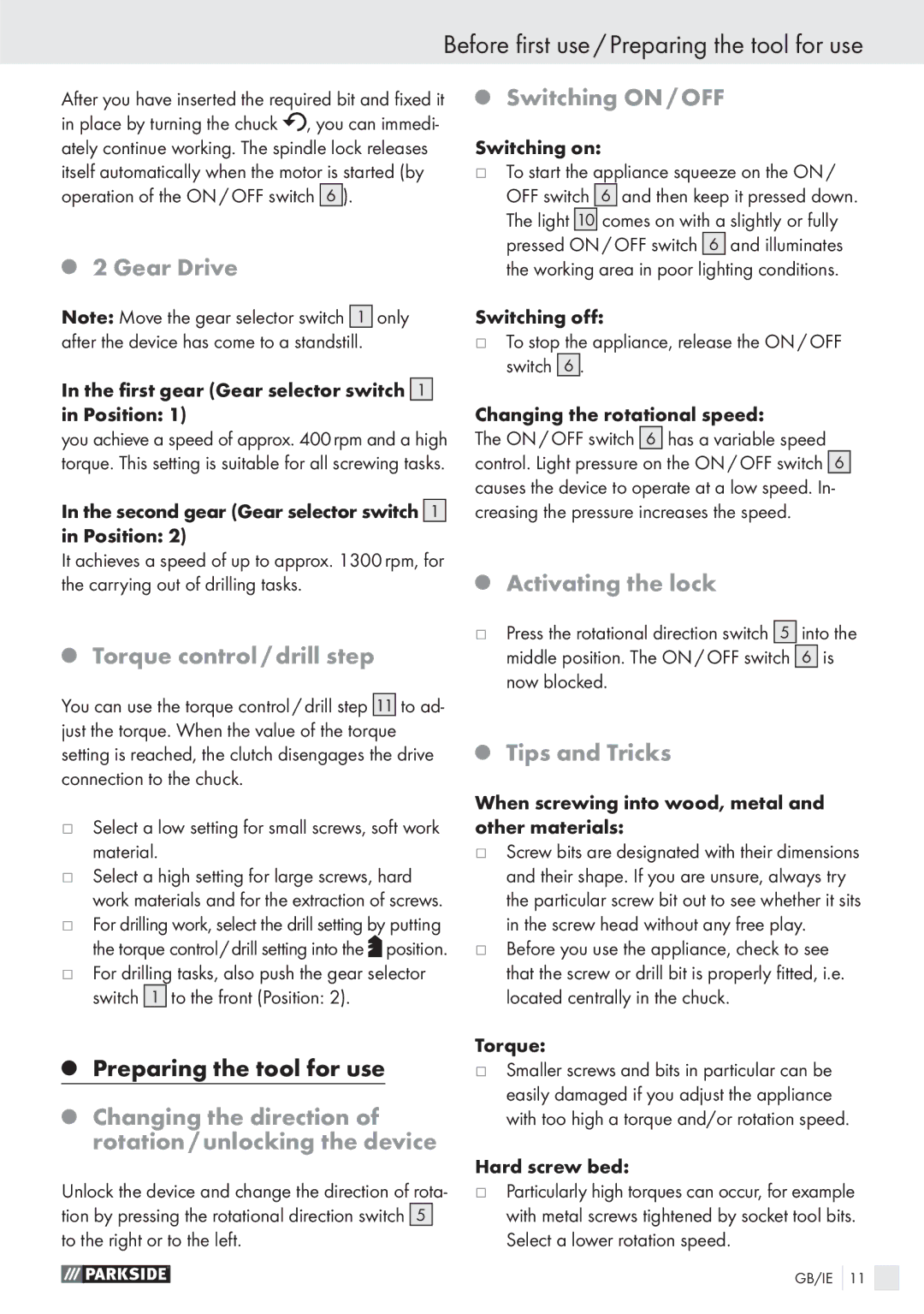 Parkside PABS 10.8 A1 manual Before first use / Preparing the tool for use 