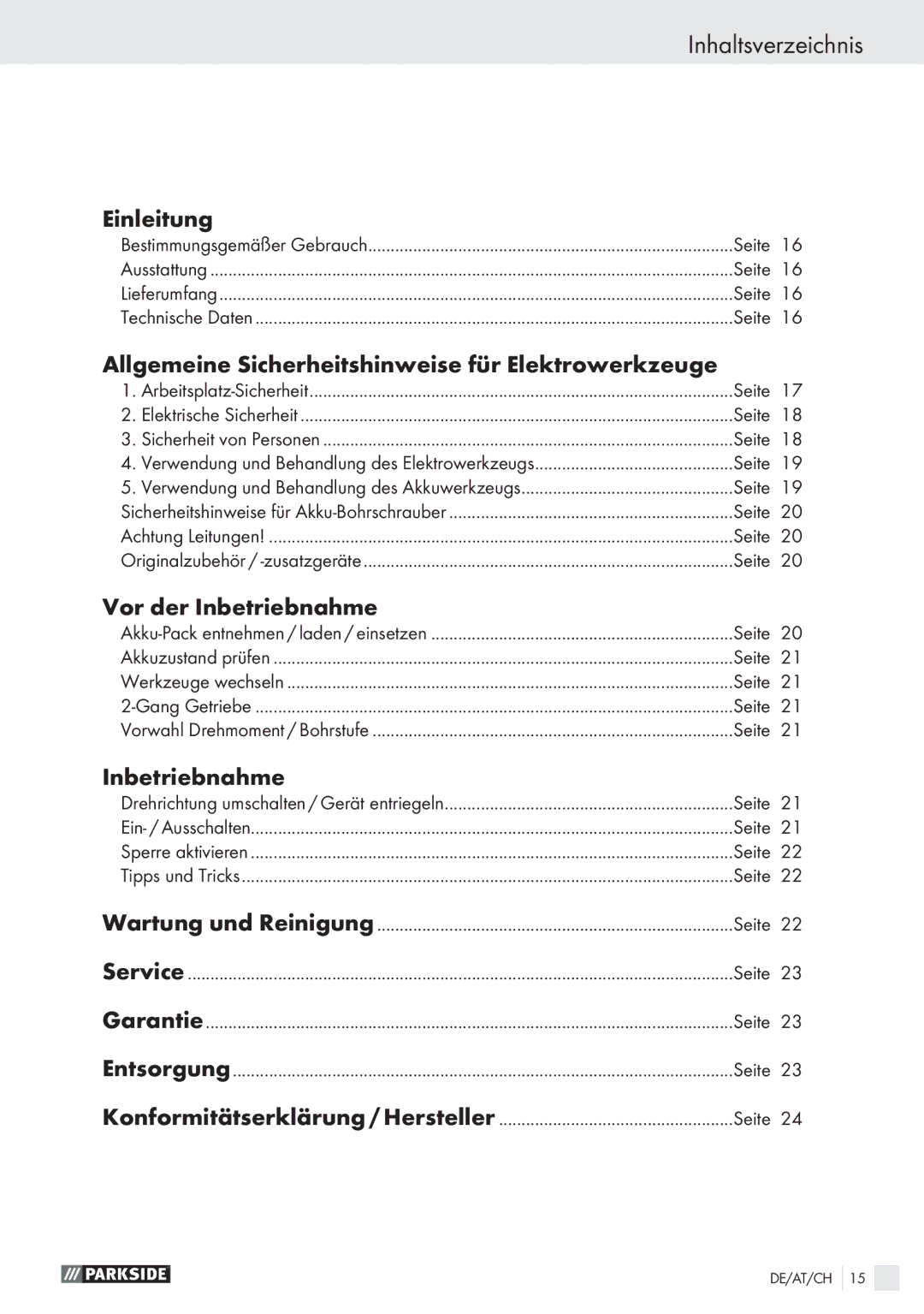 Parkside PABS 10.8 A1 Inhaltsverzeichnis, Einleitung, Allgemeine Sicherheitshinweise für Elektrowerkzeuge, Inbetriebnahme 