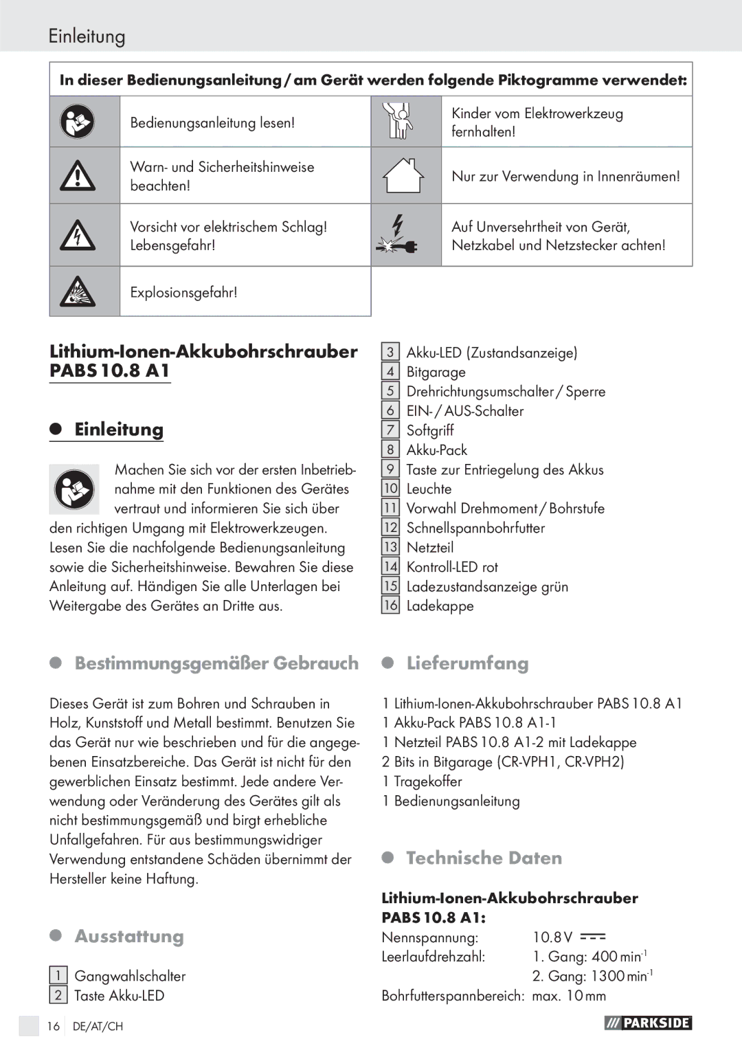 Parkside PABS 10.8 A1 Einleitung, Lithium-Ionen-Akkubohrschrauber, Bestimmungsgemäßer Gebrauch Lieferumfang, Ausstattung 