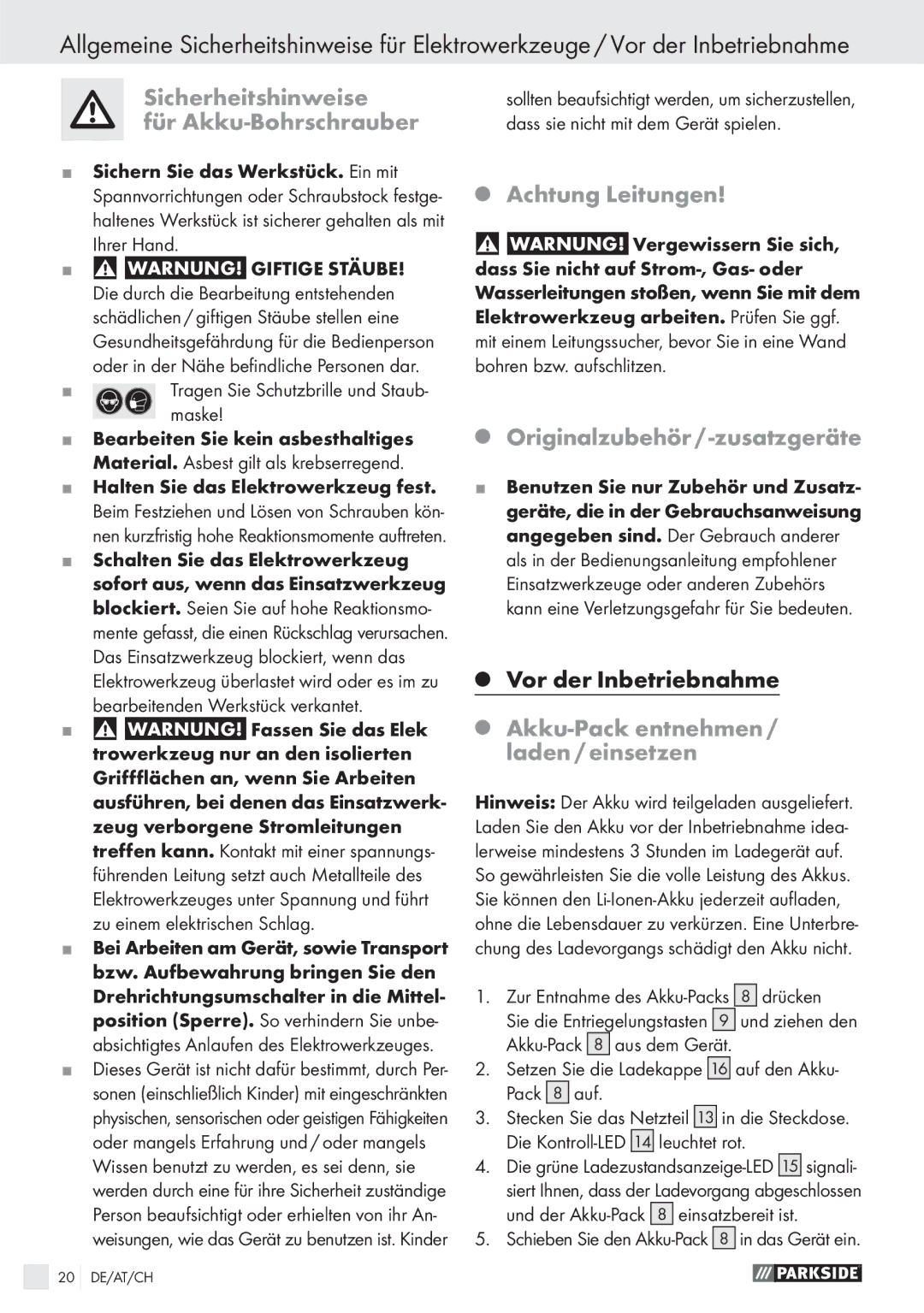 Parkside PABS 10.8 A1 manual Sicherheitshinweise Für Akku-Bohrschrauber, Achtung Leitungen, Originalzubehör / -zusatzgeräte 