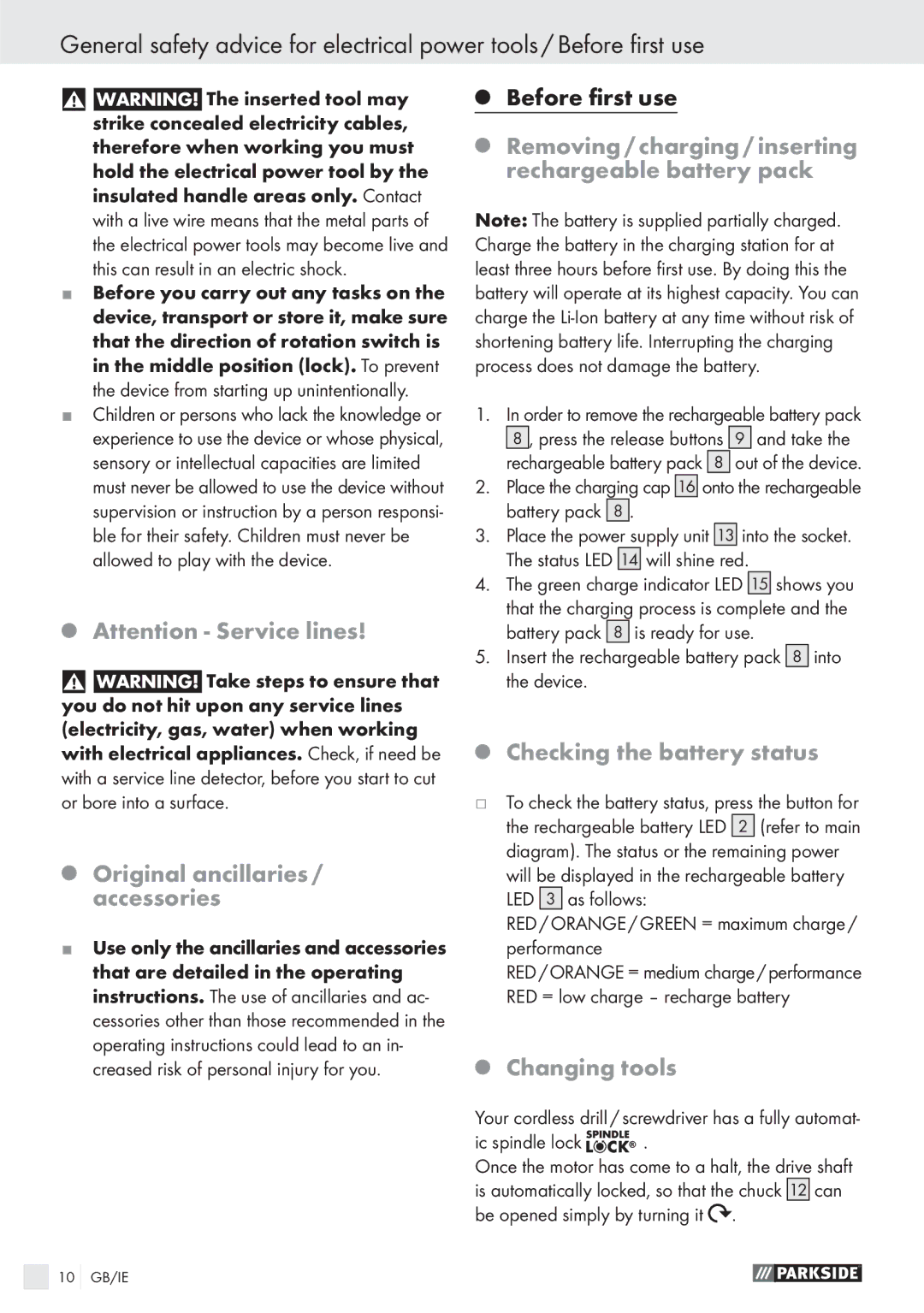 Parkside PABS 10.8 A1 Original ancillaries / accessories, Before ﬁrst use, Checking the battery status, Changing tools 