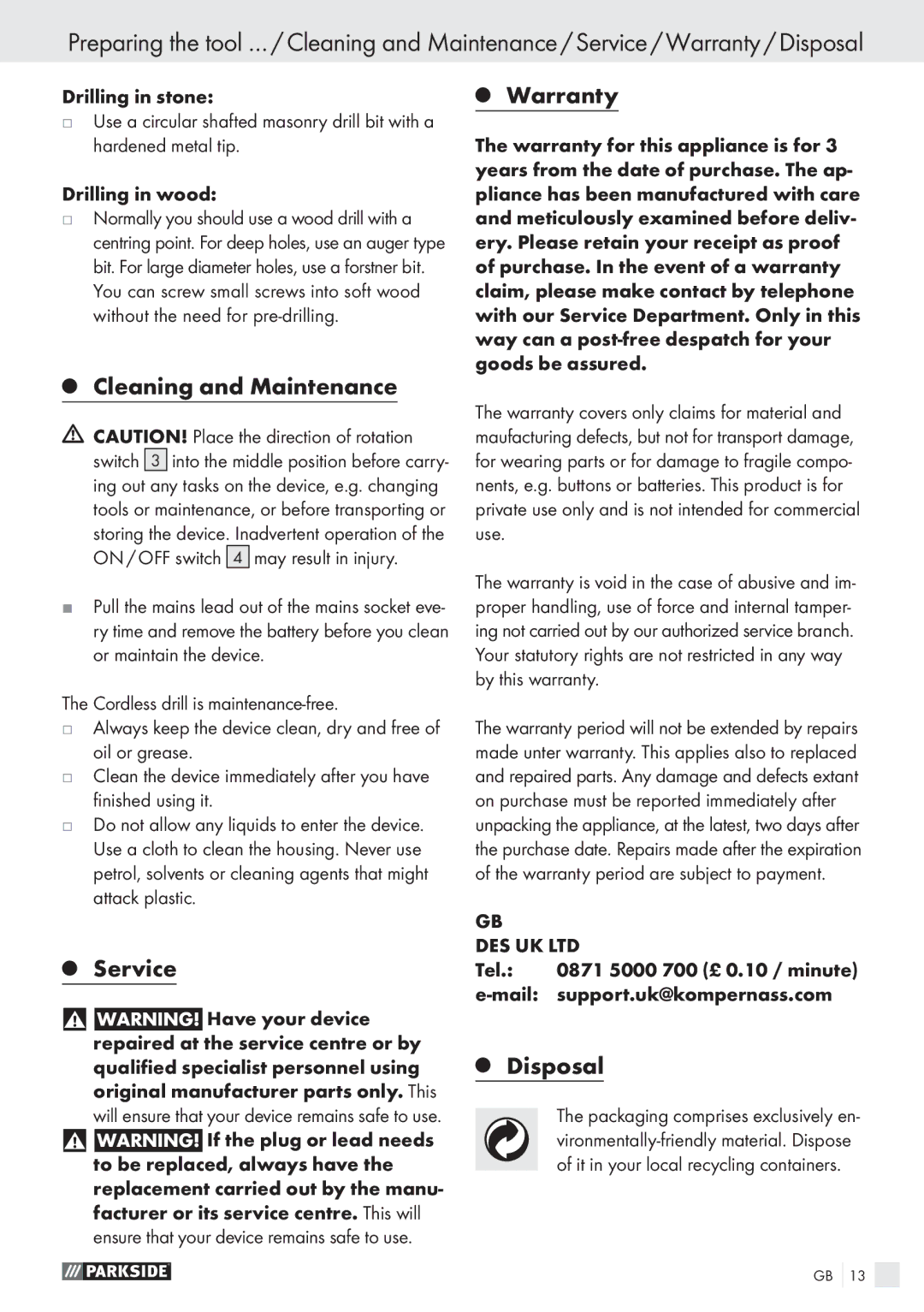 Parkside PABS 18 A1 manual Warranty, Cleaning and Maintenance, Service, Disposal 