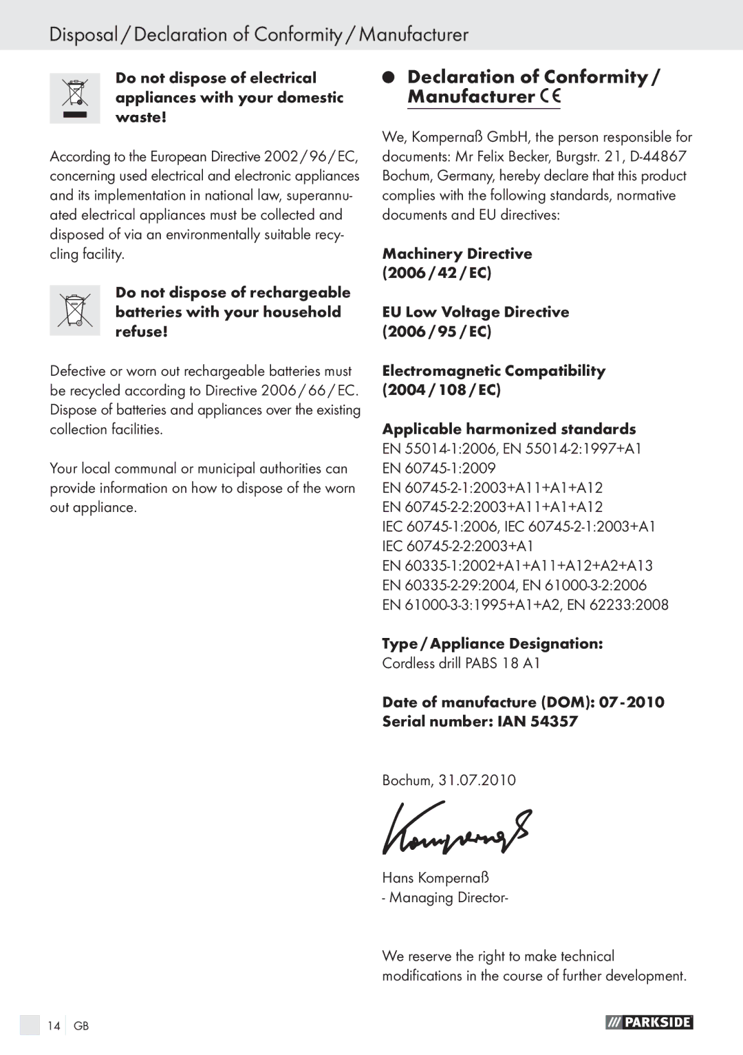 Parkside PABS 18 A1 manual Disposal / Declaration of Conformity / Manufacturer 