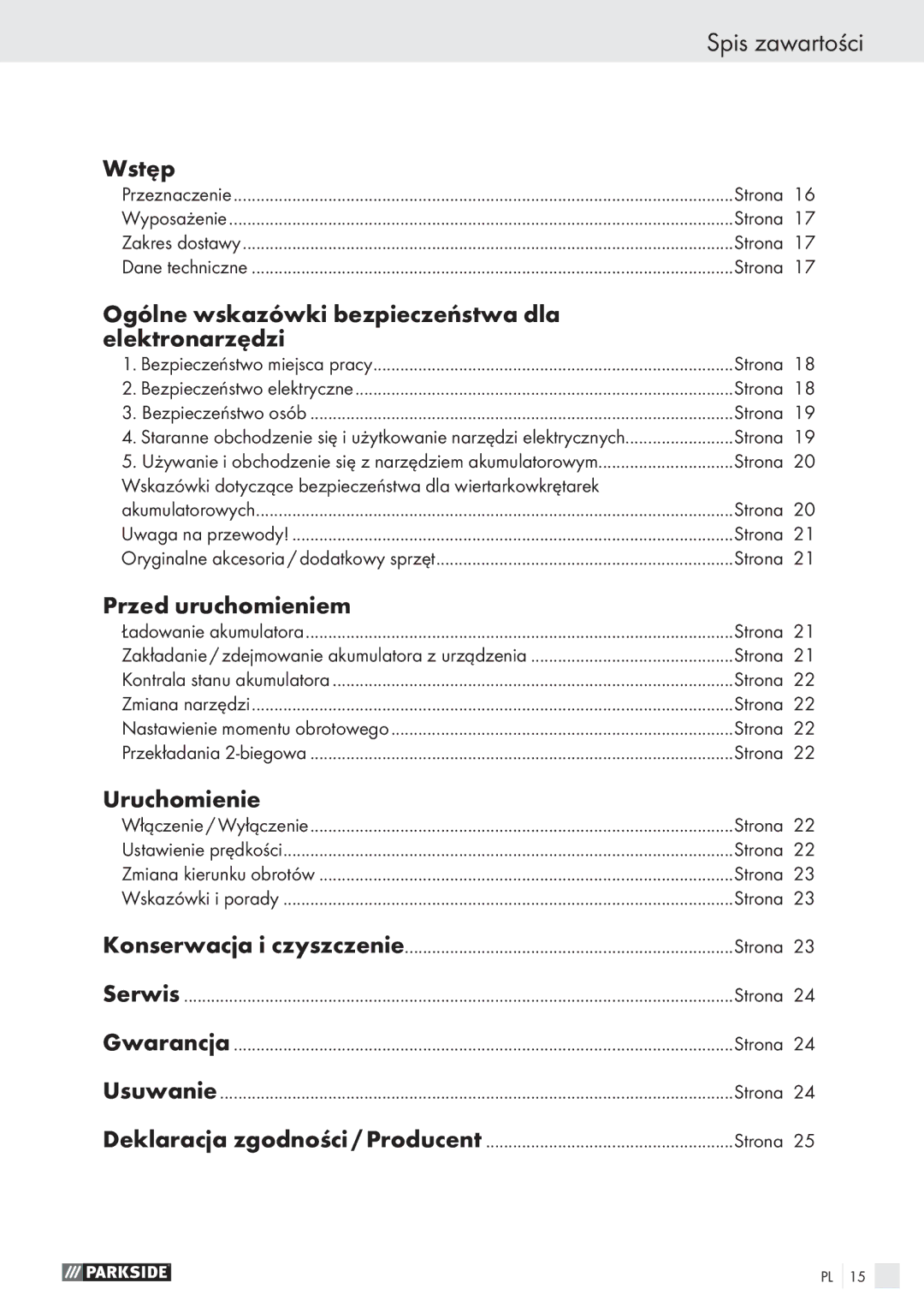 Parkside PABS 18 A1 manual Spis zawartości, Wstęp, Ogólne wskazówki bezpieczeństwa dla Elektronarzędzi, Przed uruchomieniem 