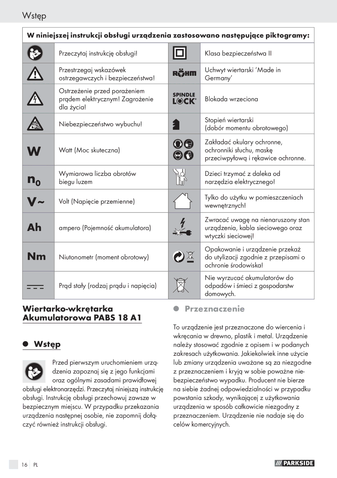 Parkside PABS 18 A1 manual Wstęp, Wiertarko-wkrętarka, Przeznaczenie, Akumulatorowa Pabs 18 A1 