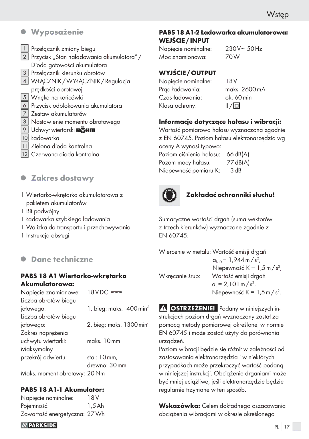 Parkside PABS 18 A1 manual Wyposażenie, Zakres dostawy, Dane techniczne 