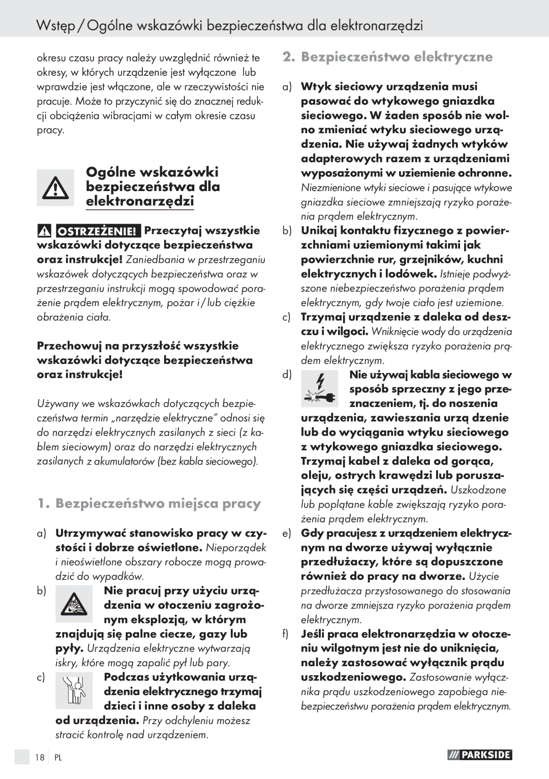 Parkside PABS 18 A1 manual Wstęp / Ogólne wskazówki bezpieczeństwa dla elektronarzędzi, Bezpieczeństwo miejsca pracy 