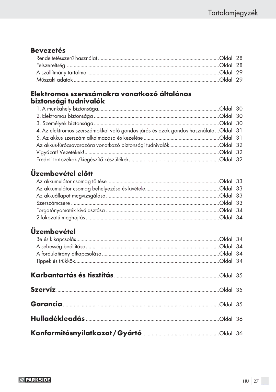 Parkside PABS 18 A1 manual Tartalomjegyzék, Bevezetés, Üzembevétel előtt, Oldal Konformitásnyilatkozat / Gyártó 