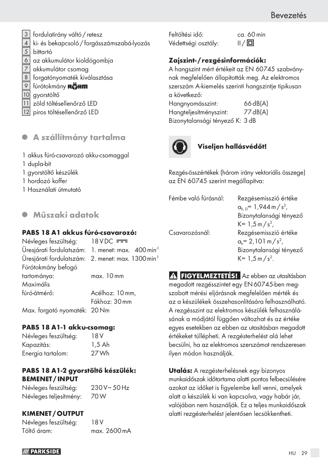 Parkside PABS 18 A1 manual Szállítmány tartalma, Műszaki adatok 