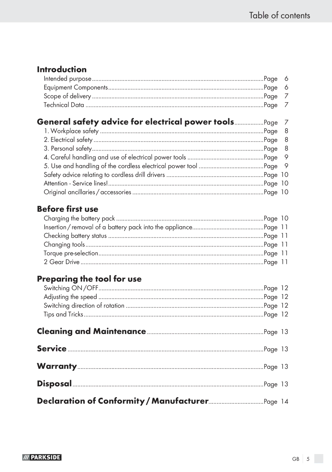 Parkside PABS 18 A1 manual Table of contents 