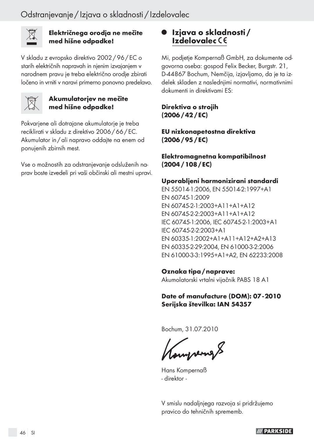 Parkside PABS 18 A1 Odstranjevanje / Izjava o skladnosti / Izdelovalec, Električnega orodja ne mečite med hišne odpadke 