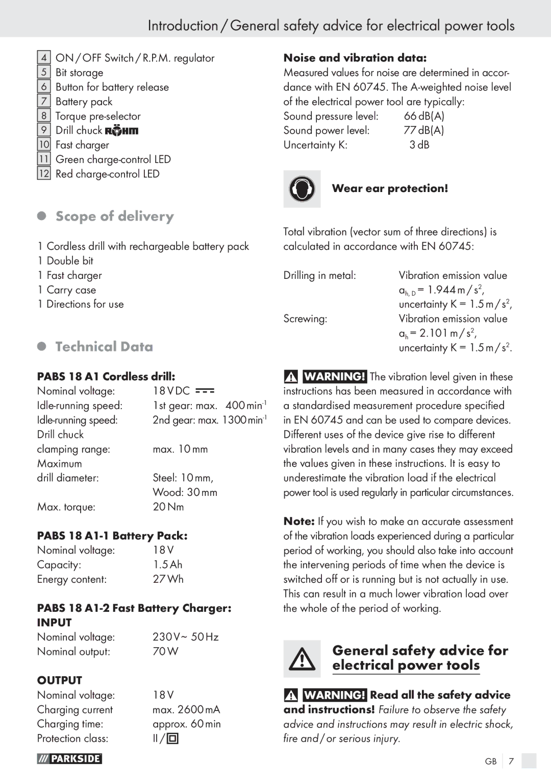 Parkside PABS 18 A1 manual Scope of delivery, Technical Data 