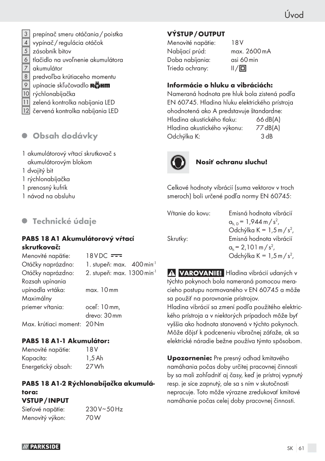 Parkside PABS 18 A1 manual Obsah dodávky, Technické údaje 