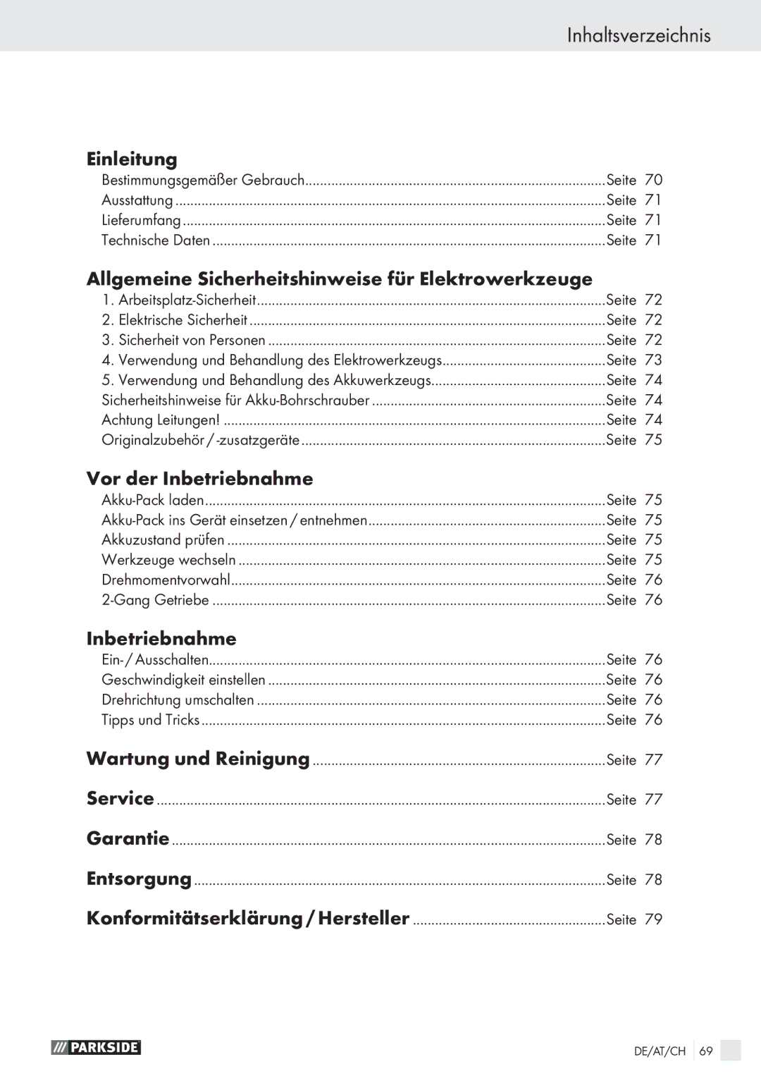 Parkside PABS 18 A1 Inhaltsverzeichnis, Einleitung, Allgemeine Sicherheitshinweise für Elektrowerkzeuge, Inbetriebnahme 