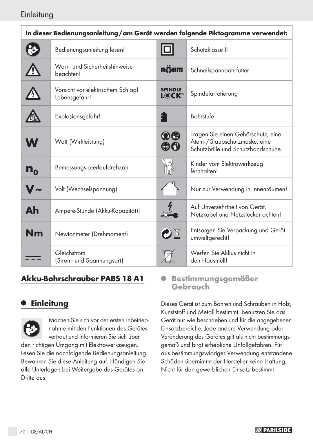 Parkside PABS 18 A1 manual Akku-Bohrschrauber Pabs 18 A1 Einleitung, Bestimmungsgemäßer Gebrauch 