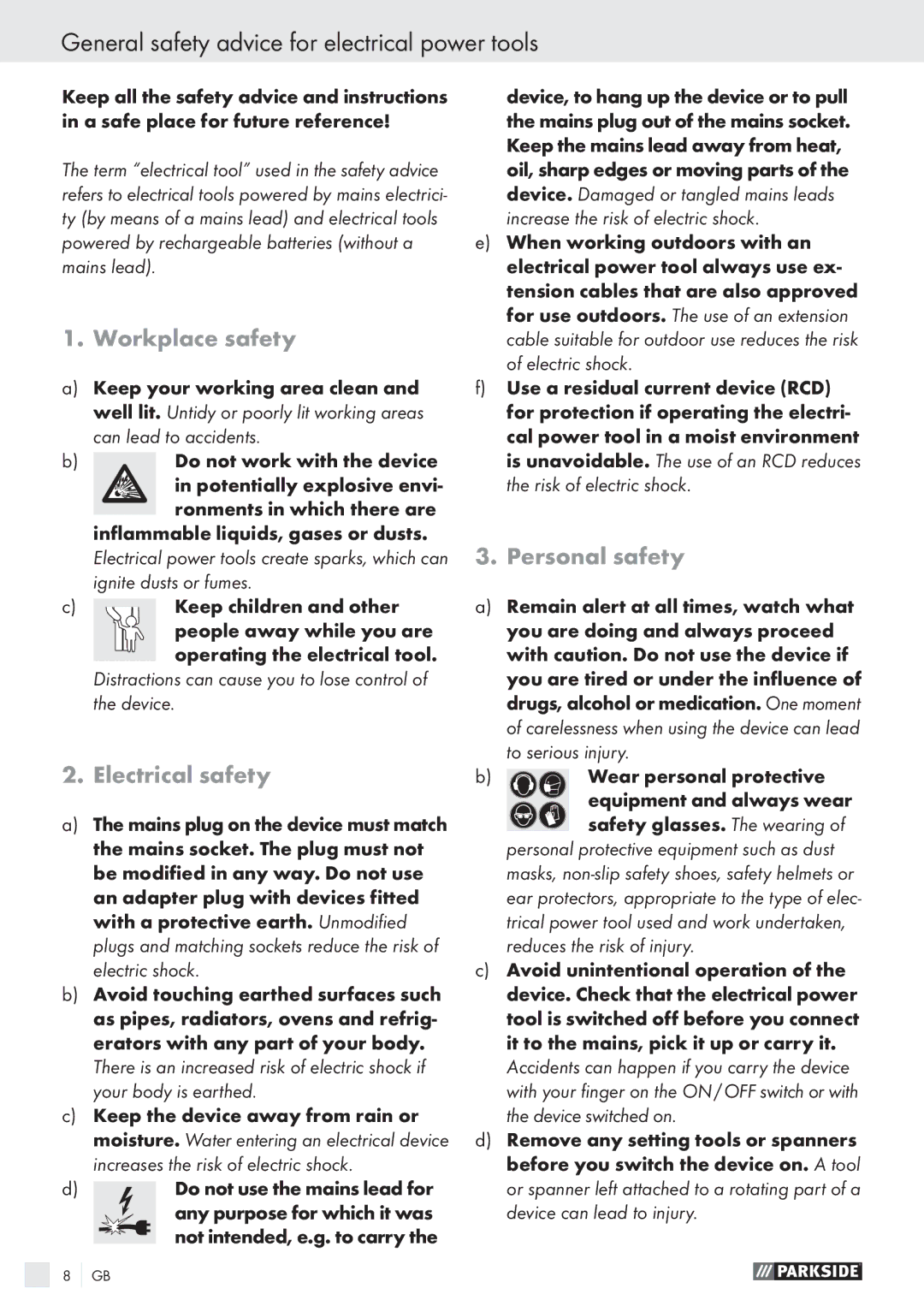 Parkside PABS 18 A1 General safety advice for electrical power tools, Workplace safety, Electrical safety, Personal safety 