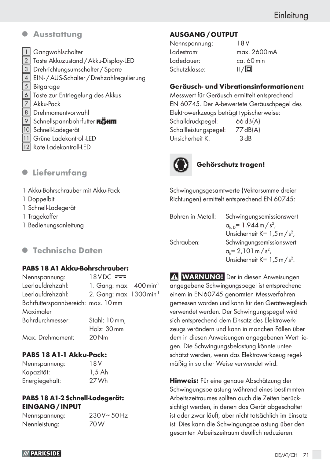 Parkside PABS 18 A1 manual Ausstattung, Lieferumfang, Technische Daten 